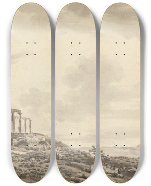 Triptych art skateboard deck of William Pars Landscape With Temple Ruins At Sunium by William Pars (1742-1782)