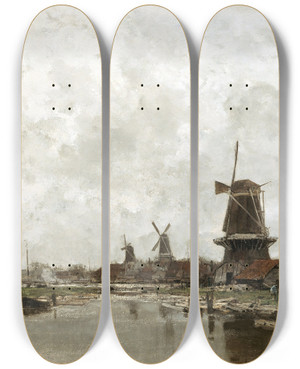 Triptych art skateboard deck of Jacob Maris The Five Windmills by Jacob Maris (1837-1899)