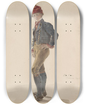 Triptych art skateboard deck of Adolph Tidemand To Gutter Dalarne by Adolph Tidemand (1814-1876)