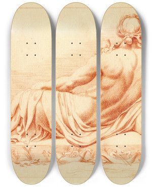Triptych art skateboard deck of Cornelis Pronk Beeld Van De Riviergod_3 by Cornelis Pronk (1691-1759)