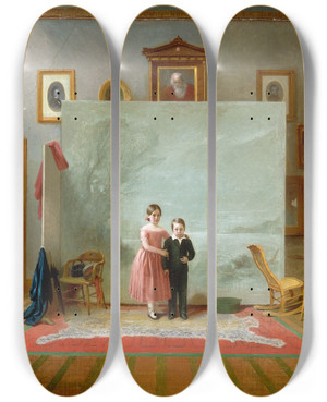 Triptych art skateboard deck of Thomas Le Clear Interior With Portraits by Thomas Le Clear (1818-1882)