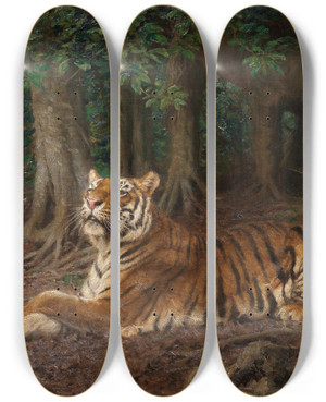Triptych art skateboard deck of Geza Vastagh Reclining Tiger_2 by Geza Vastagh (1866-1919)