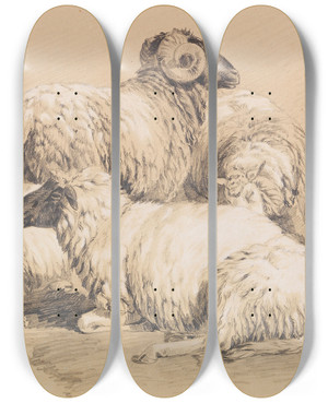 Triptych art skateboard deck of Benno Raffael Adam Four Sheep by Benno Raffael Adam (1812-1892)