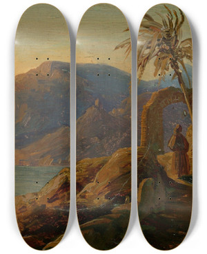 Triptych art skateboard deck of Carl Friedrich Seiffert  Sunset On Capri by Carl Friedrich Seiffert (1809-1891)