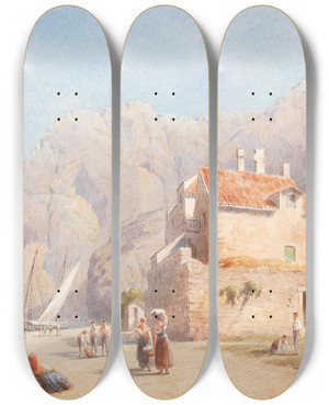 Triptych art skateboard deck of Gottfried Seelos A Southern Coastline Surrounded By A Mountain Range by Gottfried Seelos (1829-1900)