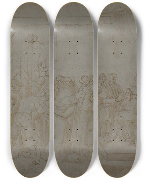 Triptych art skateboard deck of Ercole Setti Saint Peter Brought Before Nero by Ercole Setti (1530-1618)