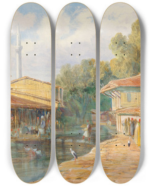 Triptych art skateboard deck of Edward Lear Parga Greece by Edward Lear (1812-1888)