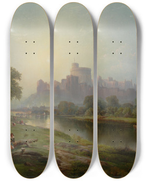 Triptych art skateboard deck of Edward Moran View Of Windsor Castle by Edward Moran (1829-1901)