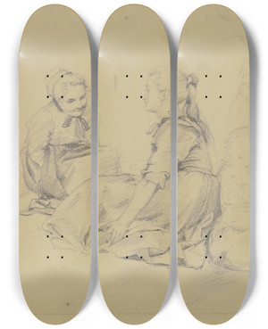 Triptych art skateboard deck of Carl Engel Frau Und Kinder Am Boden Sitzend by Carl Engel (1817-1870)