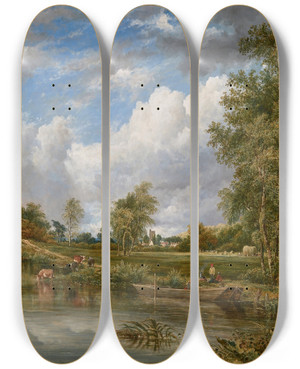 Triptych art skateboard deck of Frederick Waters Watts Dedham Lock On The River Stour by Frederick Waters Watts (1800-1870)