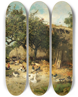 Triptych art skateboard deck of Alexandre Defaux La Basse Cour by Alexandre Defaux (1826-1900)