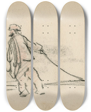 Triptych art skateboard deck of Adolf Le Comte Man Een Touw Trekkend by Adolf Le Comte (1850-1921)