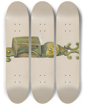 Triptych art skateboard deck of Florence Stevenson Candle Snuffer by Florence Stevenson