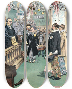 Triptych art skateboard deck of Samuel Ehrhart An International High Noon Divorce by Samuel Ehrhart (1862-1937)