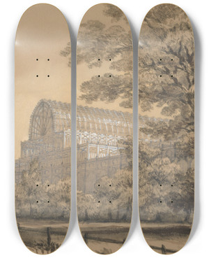 Triptych art skateboard deck of E J Stanley The Crystal Palace In Hyde Park by E J Stanley