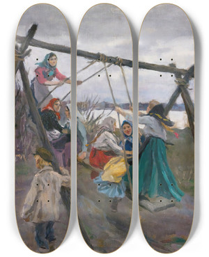 Triptych art skateboard deck of Alexei Stepanovich Stepanov The Village Swing by Alexei Stepanovich Stepanov (1858-1923)