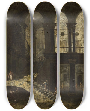 Triptych art skateboard deck of Michele Marieschi Architectural Fantasy Featuring A Palace Courtyard by Michele Marieschi (1710-1743)