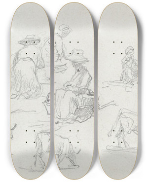Triptych art skateboard deck of Eugne Boudin Peasants And Cows Recto by Eugene Boudin (1824-1898)