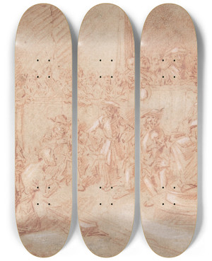 Triptych art skateboard deck of Egbert Van Heemskerck Two Men Before A Judge In A Crowded Courtroom by Egbert Van Heemskerck (1634-1704)