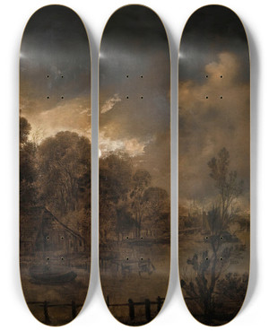 Triptych art skateboard deck of Aert Van Der Neer A Canal By Moonlight by Aert van der Neer (1603-1677)