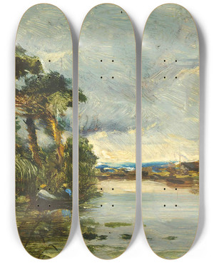 Triptych art skateboard deck of Hippolyte Camille Delpy Canal De Pantin by Hippolyte Camille Delpy (1842-1910)