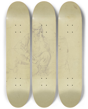 Triptych art skateboard deck of Wilhelm Amandus Beer Russischer Bauer Sinnend Bei Seinen Vorrten Sitzend by Wilhelm Amandus Beer (1837-1907)