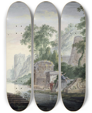 Triptych art skateboard deck of Abraham Rademaker Ancient Grave Ruins In A River Landscape by Abraham Rademaker (1675-1735)