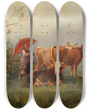 Triptych art skateboard deck of Anton Braith Der Rote Schirm by Anton Braith (1836-1905)
