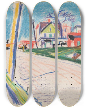 Triptych art skateboard deck of Oscar Bluemner Street In The Bronx by Oscar Bluemner (1867-1938)