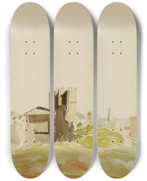Triptych art skateboard deck of Miner Kilbourne Kellogg Tower Of Hypacus Jerusalem by Miner Kilbourne Kellogg (1814-1889)