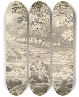 Triptych art skateboard deck of George Barret River With Angler by George Barret (1767-1842)