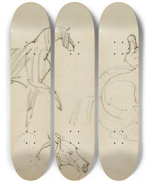 Triptych art skateboard deck of Thodore Gricault Three Horse Studies_1 by Theodore Gericault (1791-1824)