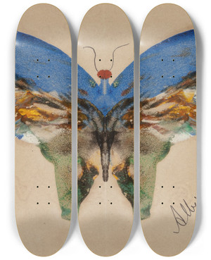 Triptych art skateboard deck of Albert Bierstadt Blue Butterfly by Albert Bierstadt (1830-1902)