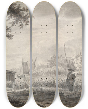 Triptych art skateboard deck of A Stroo Canal Scene Withfisherman by A Stroo (1820-1825)