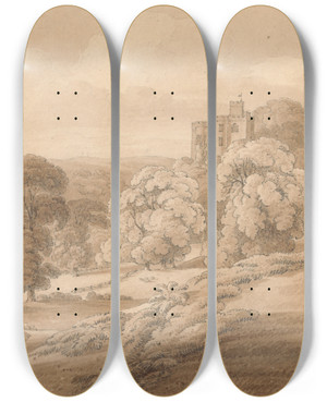 Triptych art skateboard deck of Joseph Powell Dunster Castle Somerset by Joseph Powell (1780-1834)
