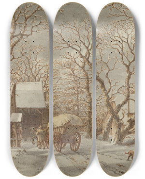 Triptych art skateboard deck of Jacob Cats Winter Scene by Jacob Cats (1741-1799)