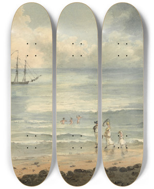 Triptych art skateboard deck of John Nixon On The Sands At Brighton Figures Walking On The Shore by John Nixon (1760-1818)