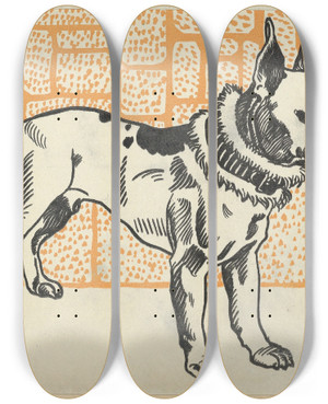 Triptych art skateboard deck of Moriz Jung Pitbull Terrier by Moriz Jung (1885-1915)