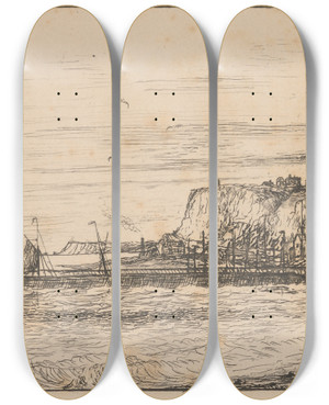 Triptych art skateboard deck of Charles Golding Constable Harbour Scene With Town_1 by Charles Golding Constable