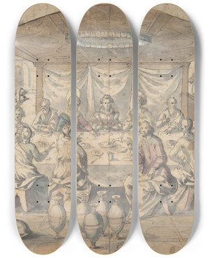 Triptych art skateboard deck of Andreas Goeding Marriage At Cana by Andreas Goeding (1570-1625)
