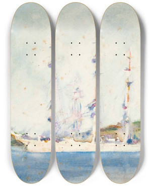 Triptych art skateboard deck of Henry Scott Tuke A Windjammer At Anchor by Henry Scott Tuke (1858-1929)