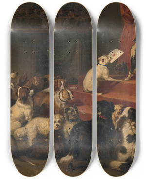 Triptych art skateboard deck of Bernard Te Gempt The Dog Request by Bernard Te Gempt (1826-1879)