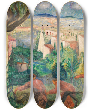 Triptych art skateboard deck of Josef Eberz Sommertag In Der Campagna by Josef Eberz (1880-1942)