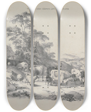 Triptych art skateboard deck of Thomas Sidney Cooper Thomas Sydney Coopers Cattle Subjects Pl28 by Thomas Sidney Cooper (1803-1902)