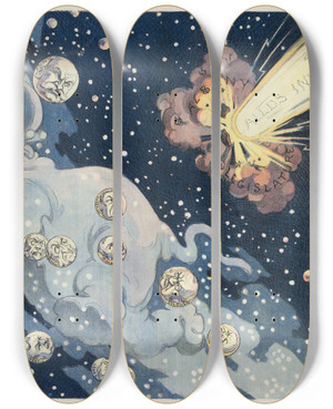 Triptych art skateboard deck of Udo Keppler Where Will It Strike Next by Udo Keppler (1872-1956)
