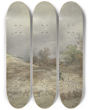 Triptych art skateboard deck of Anton Burger Hohlweg Mit Schafherde Bei Kelsterbach by Anton Burger (1824-1905)