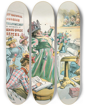 Triptych art skateboard deck of Charles Jay Taylor The Next Thing In Order by Charles Jay Taylor (1855-1929)