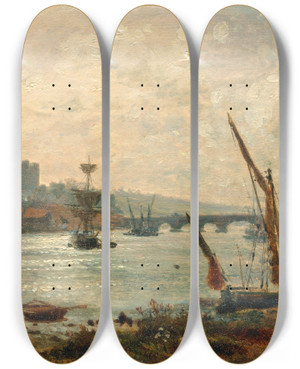 Triptych art skateboard deck of Frederick Nash Rochester Cathedral And Castle by Frederick Nash (1782-1856)