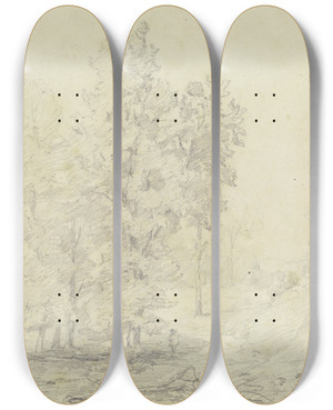 Triptych art skateboard deck of Peter Burnitz Tree Landscape by Peter Burnitz (1824-1886)
