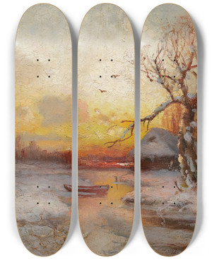 Triptych art skateboard deck of Julius Sergius Klever Winter Sunset by Julius Sergius Klever (1850-1924)